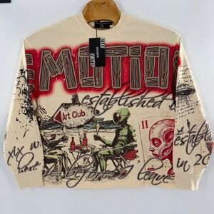 Mixed Emotion Alien Art Club Graphic Long Sleeve Tee Cream Mens Large New